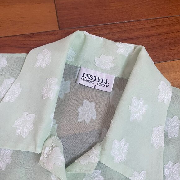 Sheer Green Leaf Blouse size 12 button up - Picture 6 of 8